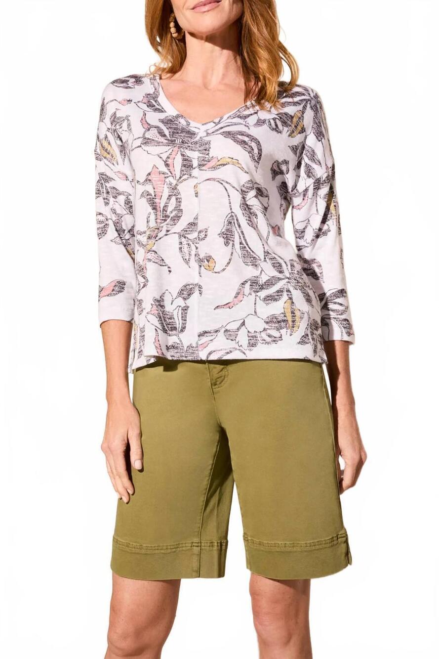 NEW TRIBAL combo print 3/4 sleeve v neck-crew neck top in cocomilk